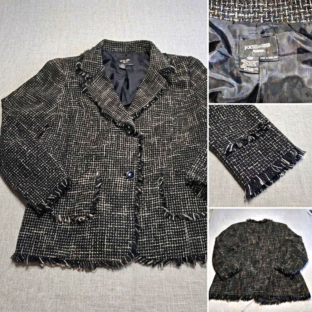 FOCUS 2000 Women's 20W Black White Tweed Pattern Fringe Button Jacket Lined
